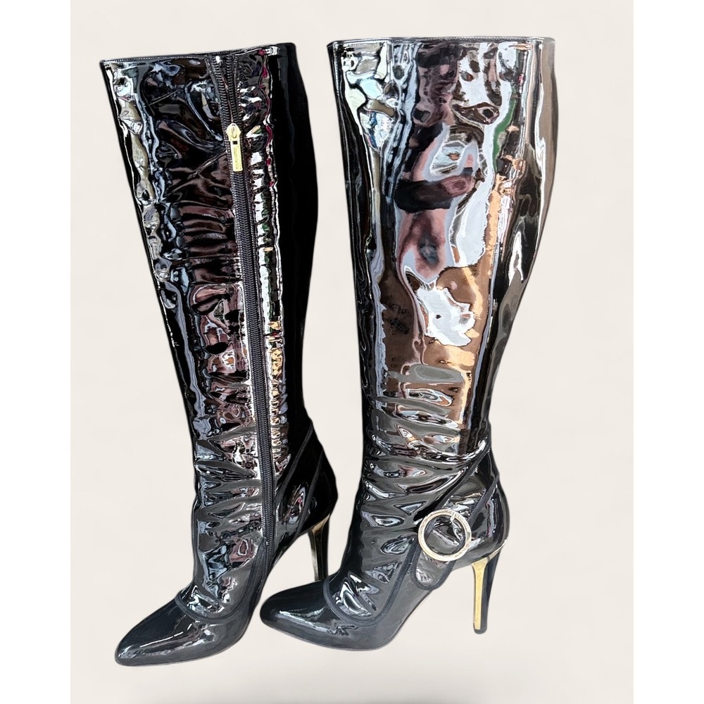 Jimmy Choo Smooth Patent Knee High Boots Gold Stiletto Heel EU 39